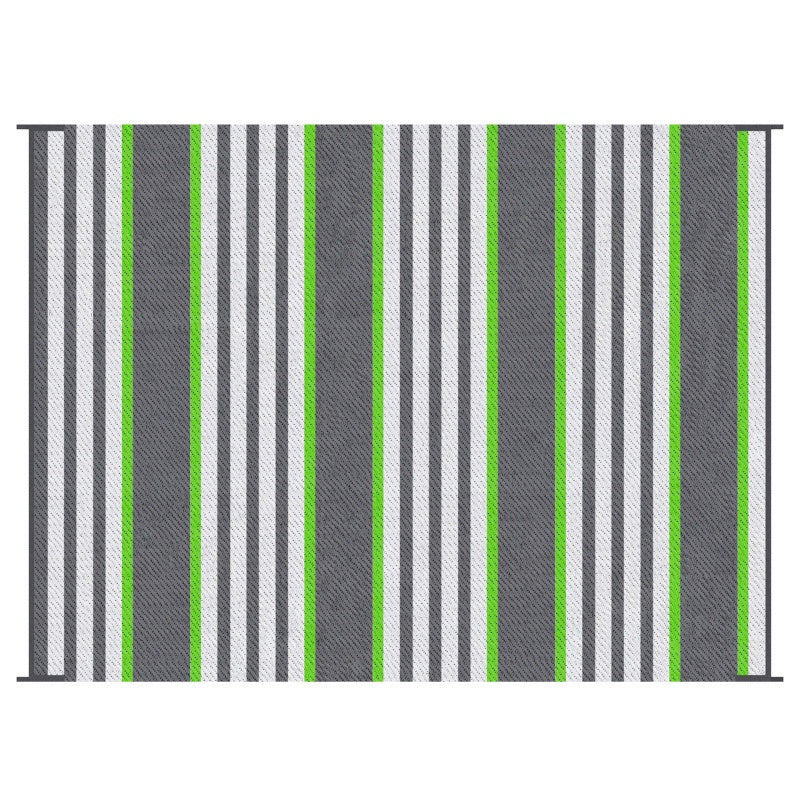 9'x12' Reversible Waterproof Outdoor Medium Rug - Durable Plastic Straw Portable RV Camping Mat with Carry Bag, Green & Gray Striped Floor Carpet for Backyard, Deck, Beach
