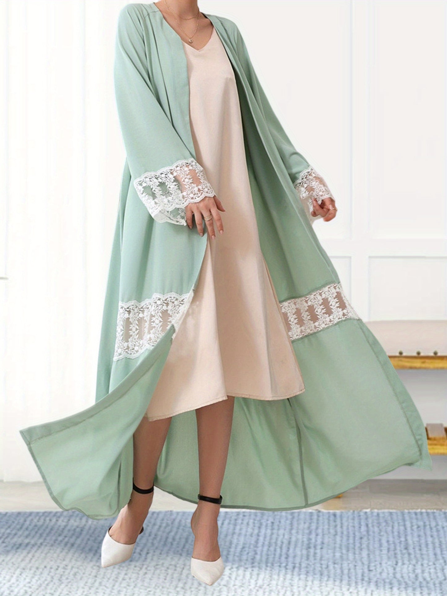 Women Open Palestinian Abaya Elegant Lace Patchwork V-Neck Long Sleeves Islamic Prayer Dresses Robe with Belt Casual Arabic Dresses