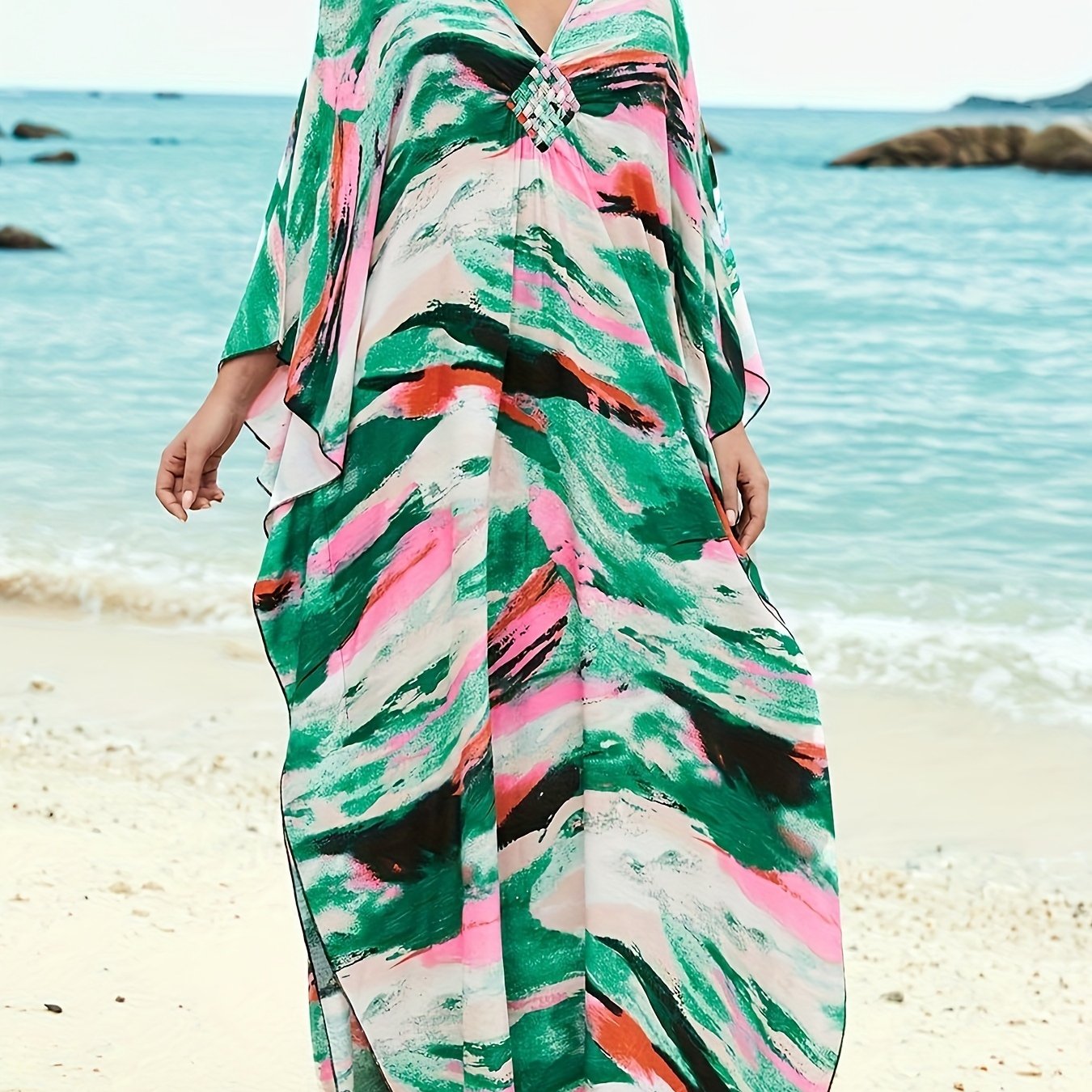 Women Plus Size Kaftan Dress Swimsuit Print Kaftan Beach Cover Up Dress