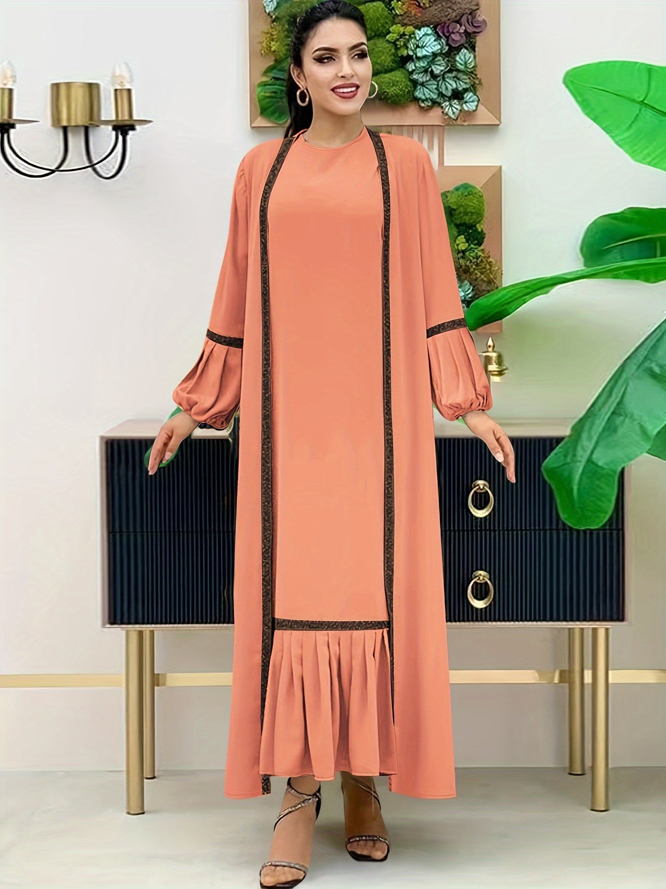 Abaya Contrast Trim Elegant Two Piece Set, Ruffle Hem Tank Dress & Lantern Sleeve Open Front Cardigan Outfits, Women's Clothing