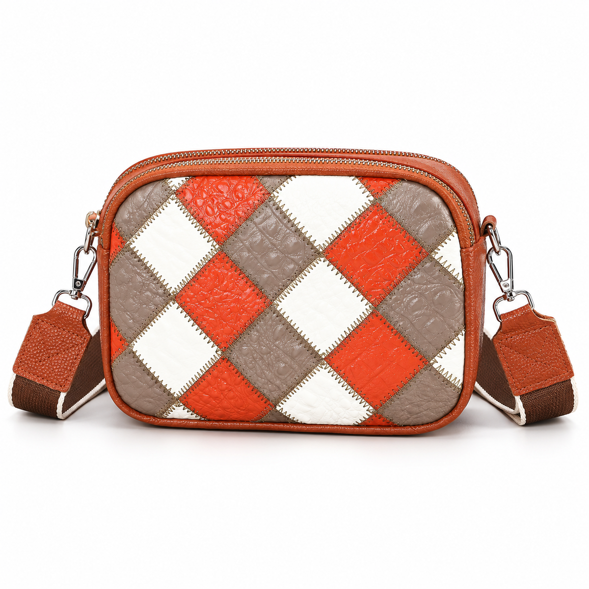 Orange Diamond Patchwork Textured Crossbody Bag