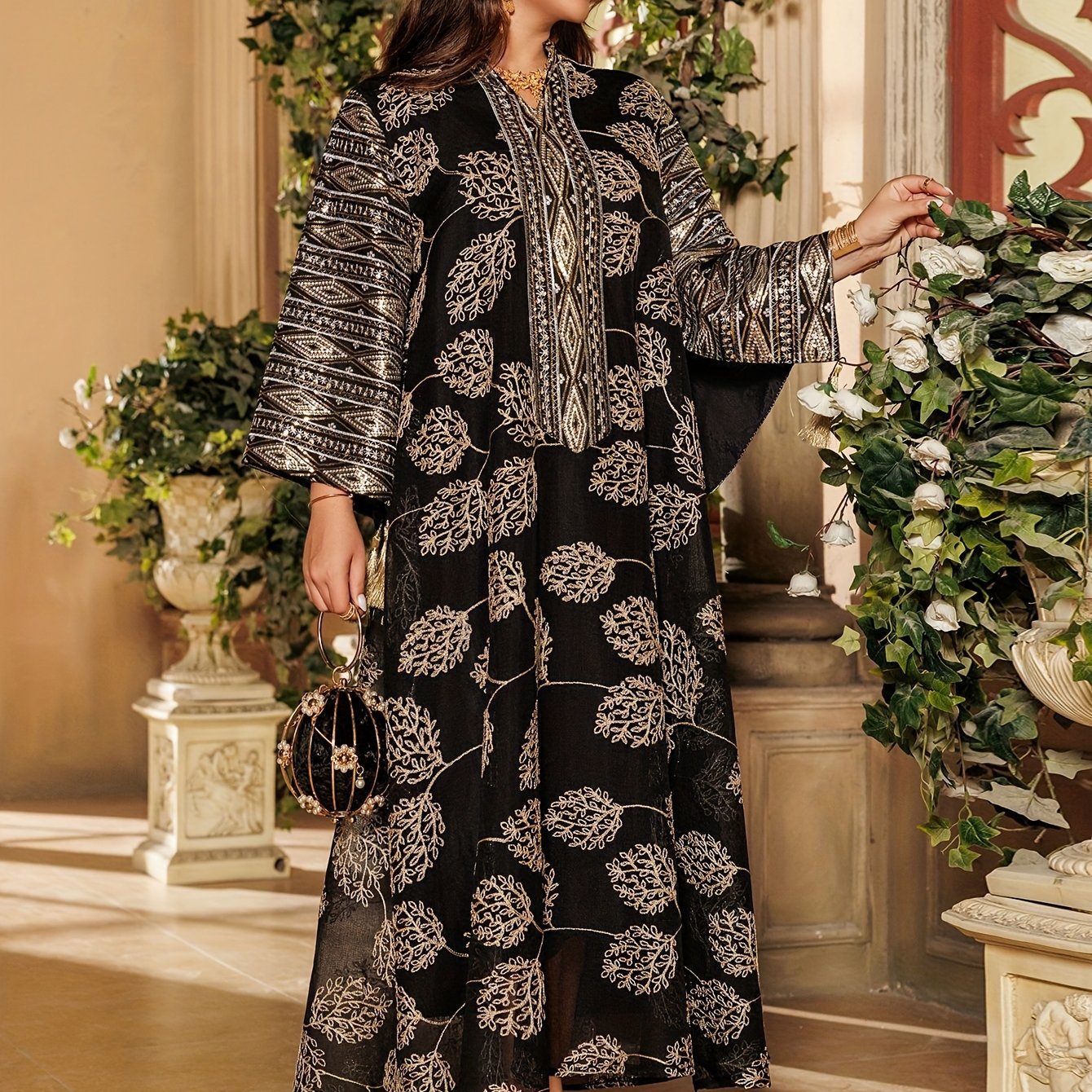 2025 Hot-Selling Black Mesh Embroidered Muslim Robe with Sequin Sleeves, Women's Elegant Kimono Abaya - Arabian Turkish Style for Eid al-Fitr, Travel, Party, and Home Evening Gown