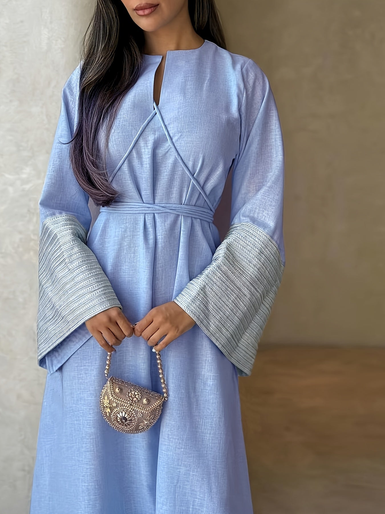 Women's Kaftan Dress Patchwork Floral Print Arabic Abaya Robe Long Sleeve Round Neck Loose Dress