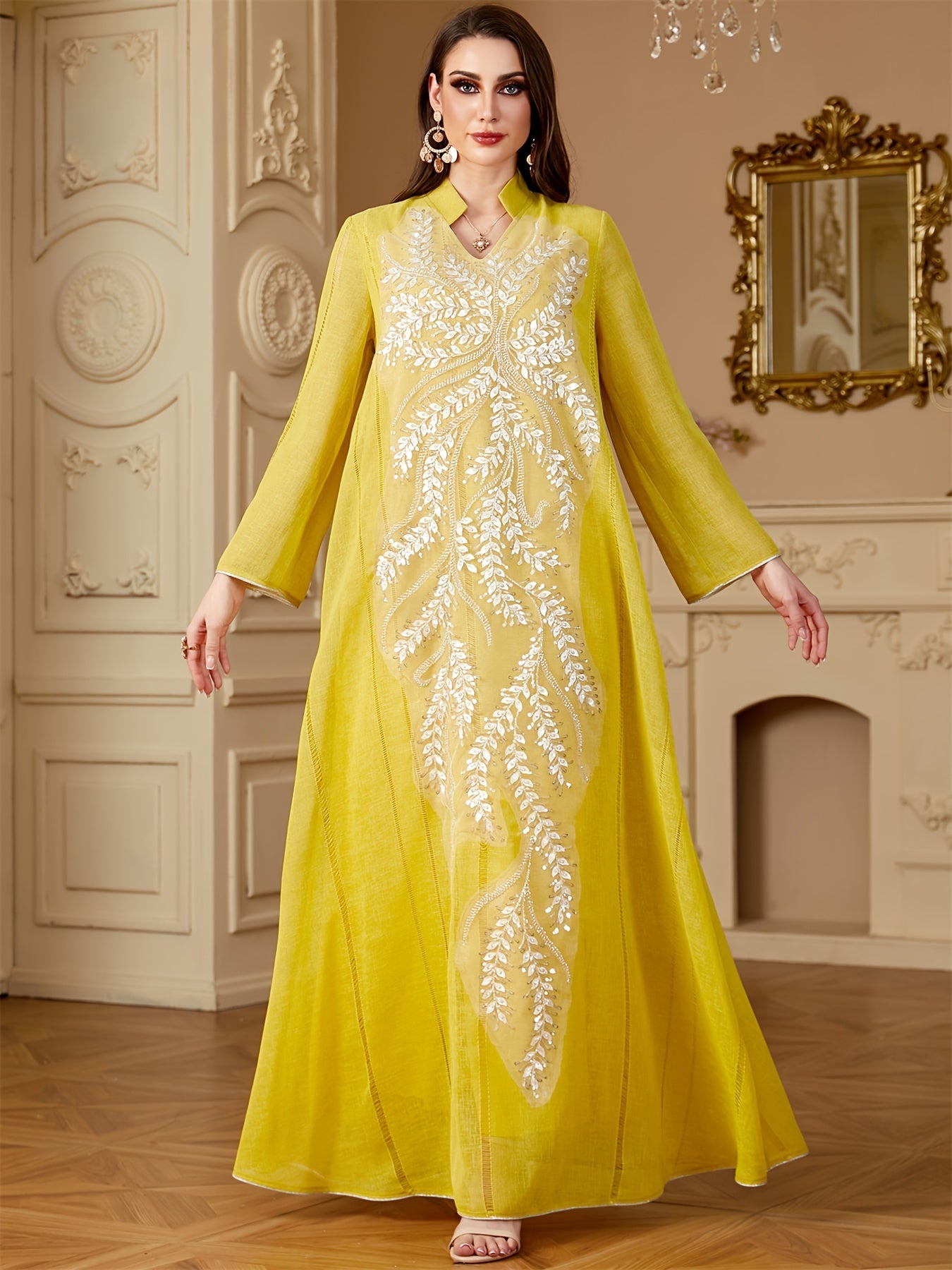 Ramadan Muslim Women's Fashion Beading Emirati Abaya Dubai Notched Stand Collar Dresses Mesh Sleeve Kebaya Casual Loose Clothing