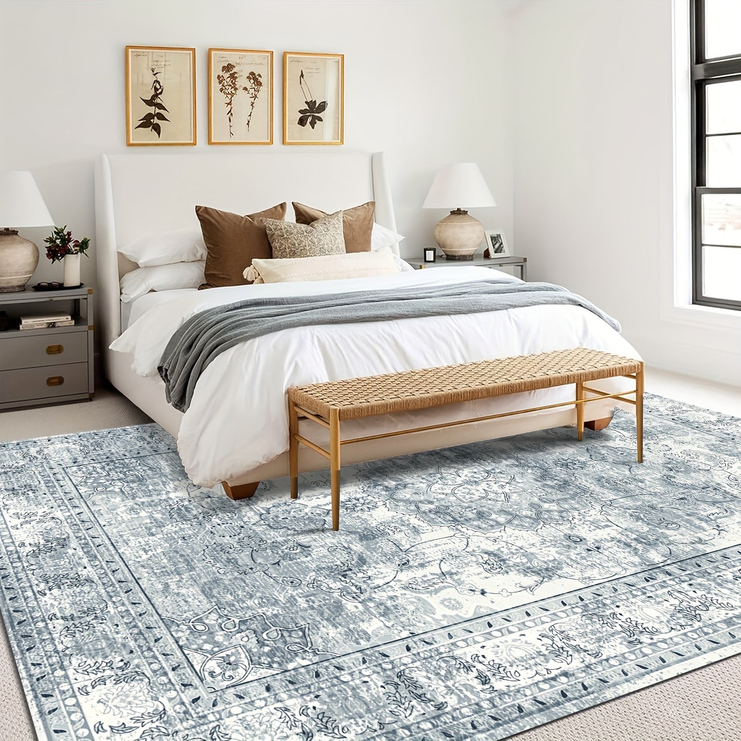 Area Rugs Boho Washable Area Rug For Bathroom, Bedroom, Large Area Rugs For Living Room Dining Room, Bohemian Vintage Non Slip Low Pile Indoor Accent Carpet For Home Office-blue Color Bathroom Mat