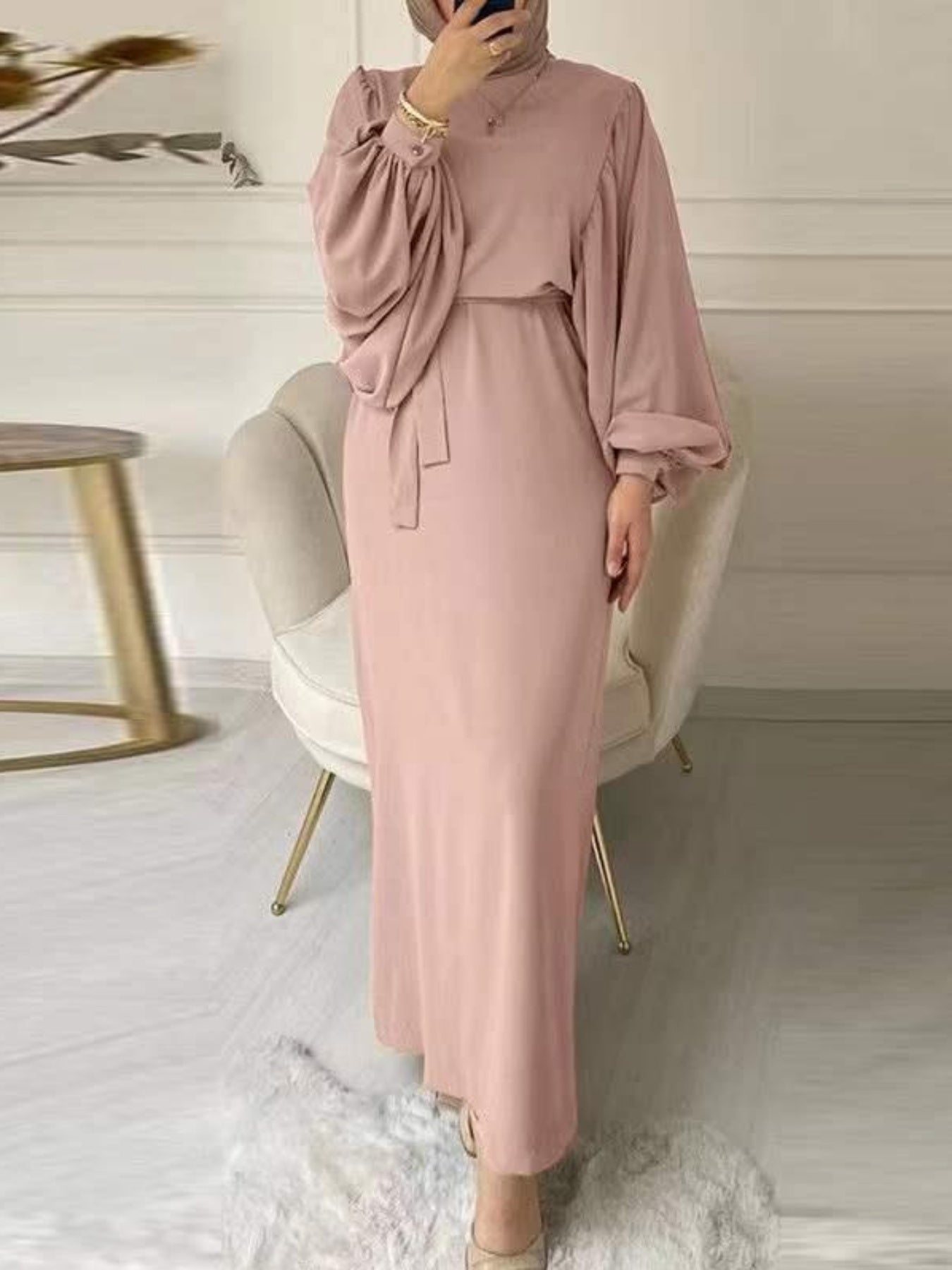 Women's Solid Color Arabic Abaya Dress with Belt - Modern Arabic Style Long Dress, Round Neck Lantern Sleeves, Adjustable Waist Tie, All-Season Casual & Vacation Dress for Women