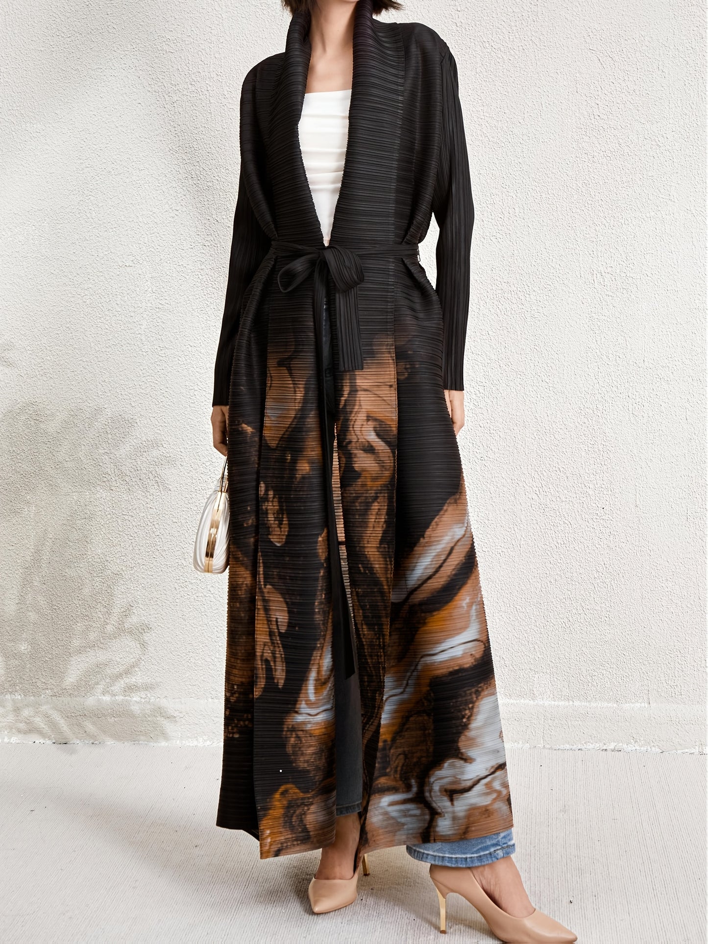 Women's Plus Size Geometric Print Long Sleeve Abaya Dress - Black & White Pleated Cardigan with Belt, Casual Loose-Fit Maxi Wrap for All Seasons