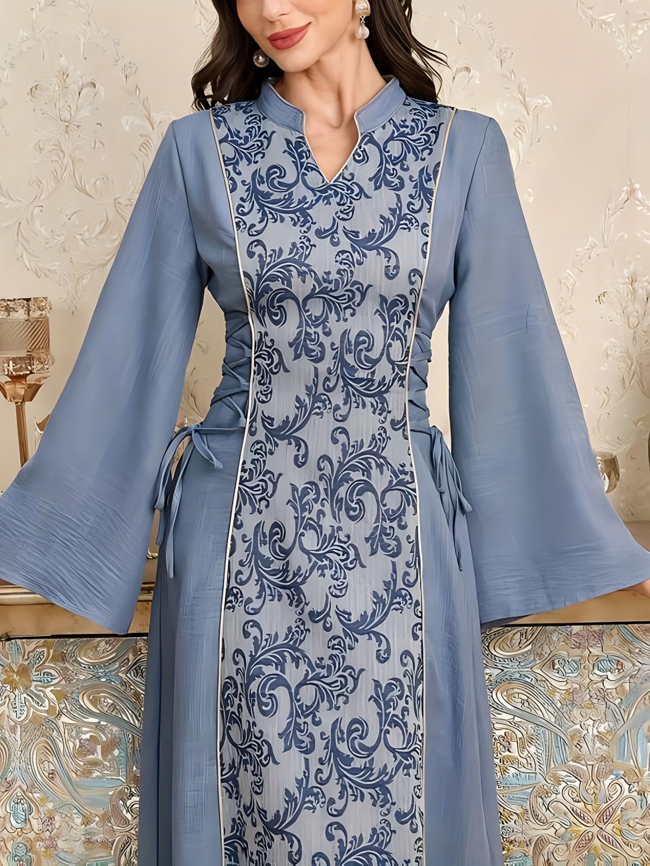Elegant Middle Eastern-Inspired Women's Baju Abaya with Stand-Up Collar & Adjustable Waist Tie - Sleeve Solid Color Traditional Attire, Machine Washable for All-Season Wear