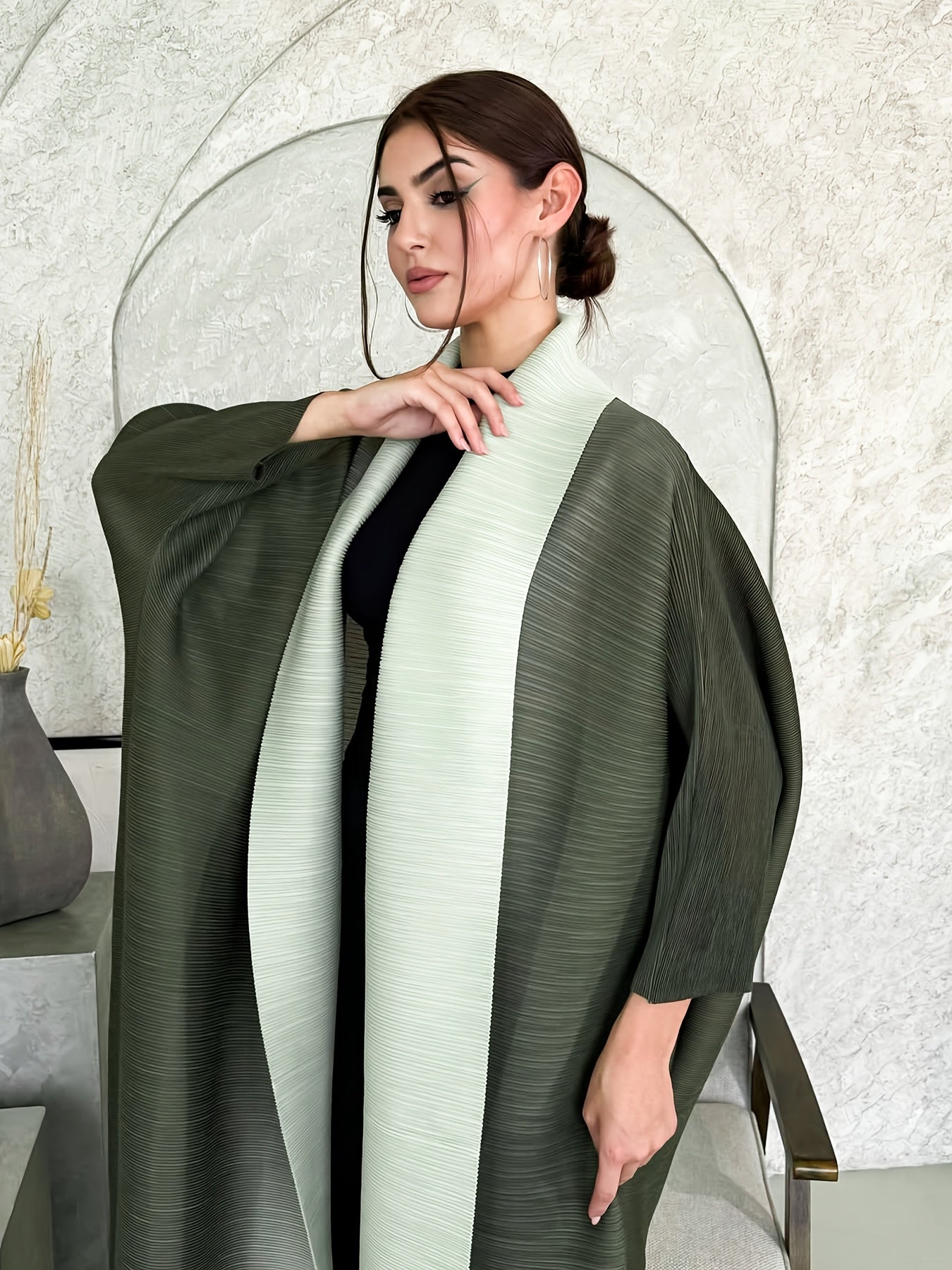 Middle Eastern Fashion Open Abaya Muslim Woman Luxury Formal Robe Saudi Arabia Eid Abaya Gate Ramadan Green Gradient Pleated Long Sleeve Coat with Belt Plus Size Clothes