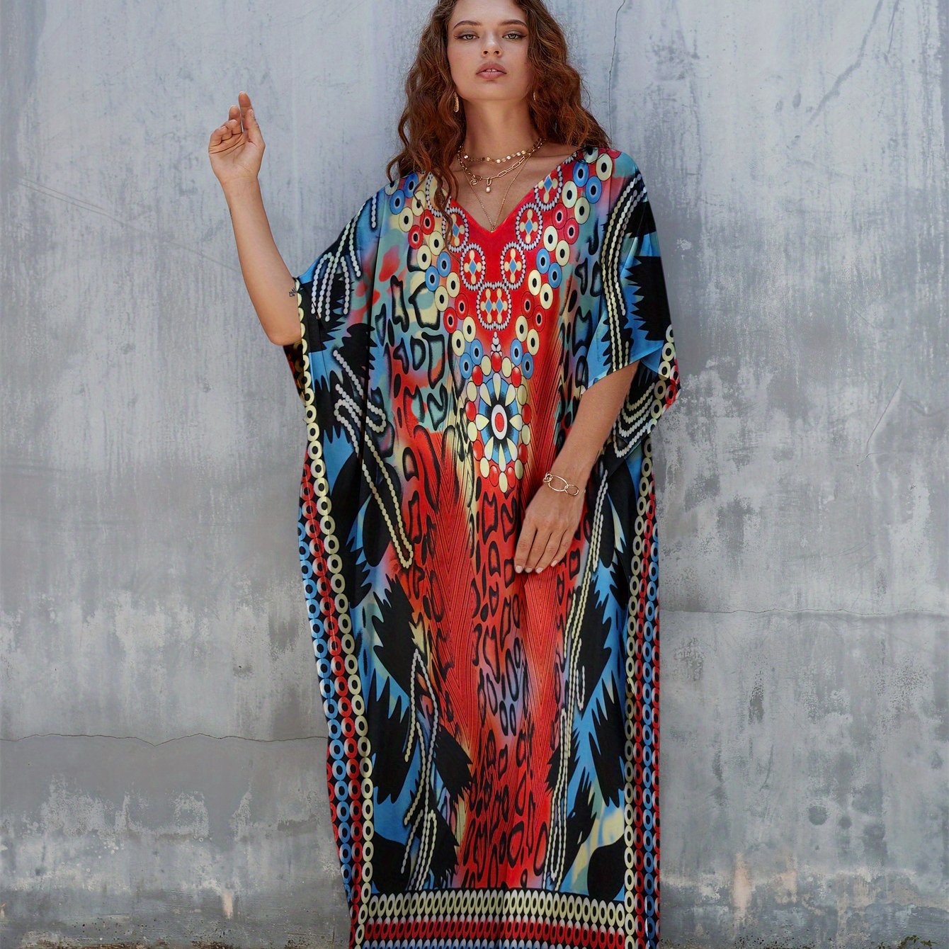 Women's Plus Size Floral Print Kaftan Dress - V-Neck, Batwing Sleeve, Loose Fit Beach Cover-Up & Casual Wear, Vibrant Red, Blue, Black, White & Green Patterns, Lightweight Polyester, Perfect for Spring/Summer/Fall