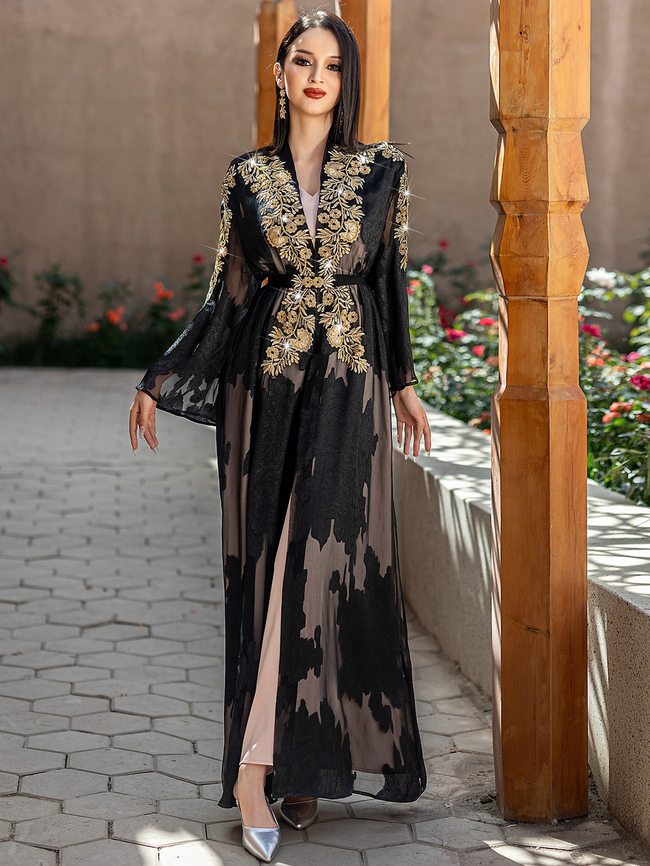 Two-Piece Black and Golden Embroidered Abaya with Belt - Elegant Long Sleeve, Flowing Ethnic Style, Non-Stretch Fabric, Perfect for Spring/Summer, Cultural Attire|Elegant Abaya|Satin Finish