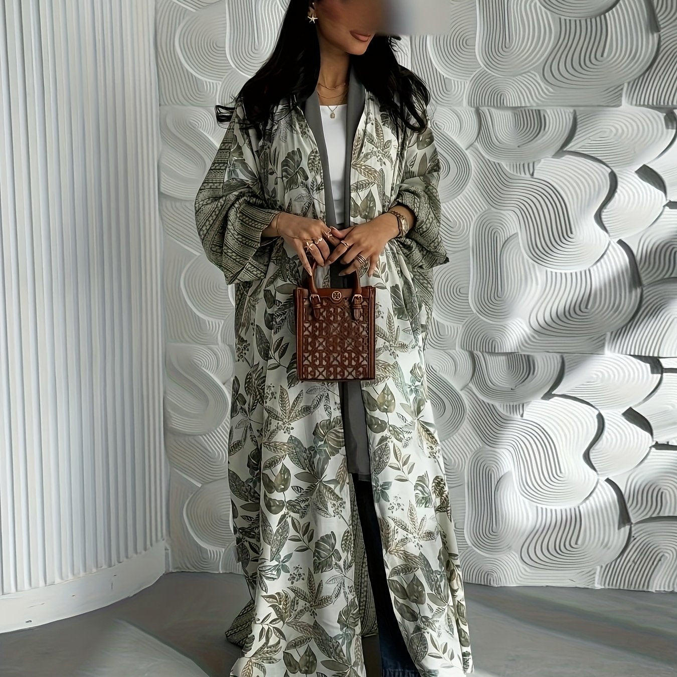 Elegant Floral Print Abaya - Lightweight Summer Modest Long Tunic with Open Front, Brown & White Design, Perfect for Casual or Formal Occasions, Casual Wear Abaya | Floral Abaya