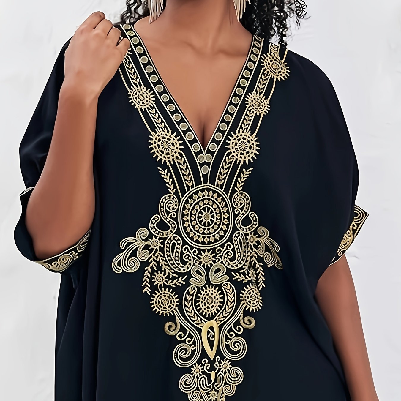 Elegant Black and Golden Kaftan Dress for Women - V-Neck, Loose Fit, Mid-Length Beach Cover-Up