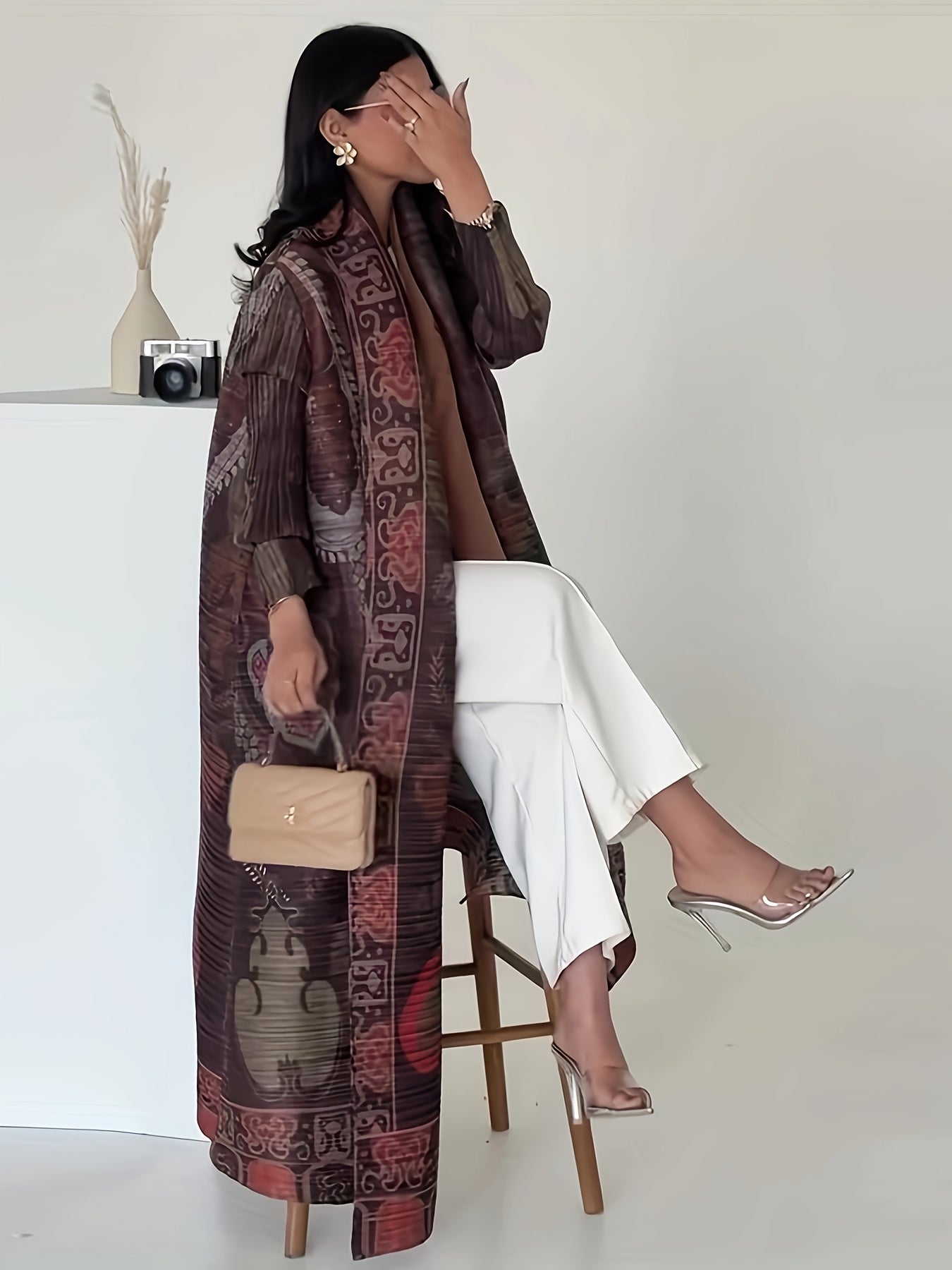 Elegant Oversized Kaftan Dress with Intricate Print - Loose Long Sleeve, Open Front Abaya, High Stretch Fabric, Perfect for Spring & Fall, Commuting Fashion, Elegant Attire | Elegant Sleeve Dress