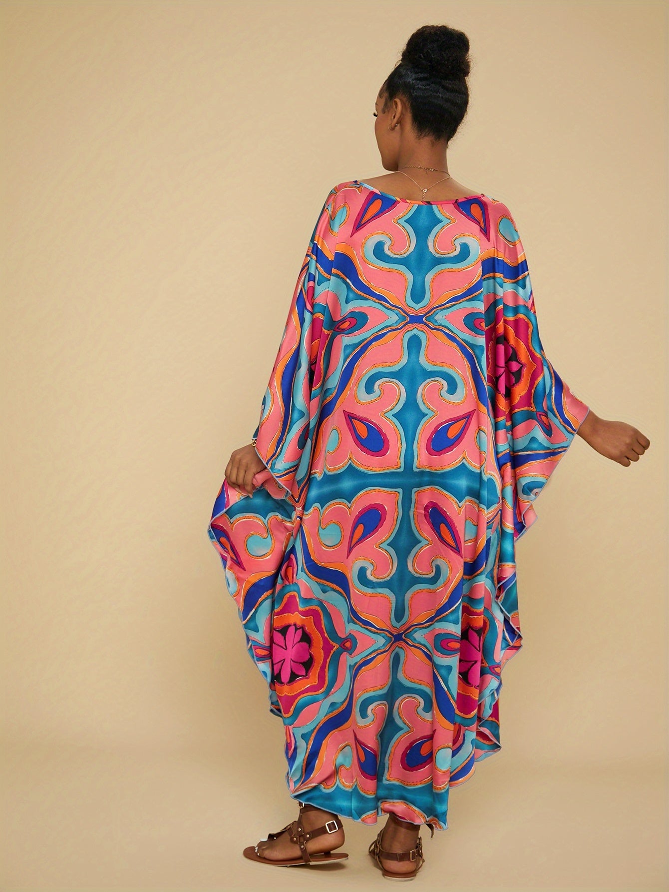 Kaftan Dresses for Women Colorful Stripe Print Crew Neck Beach Cover up Kaftan Robe Casual Home Vacation Bat Sleeve Large Size Swimwear Cover Up Side Split Dress Long Kaftan