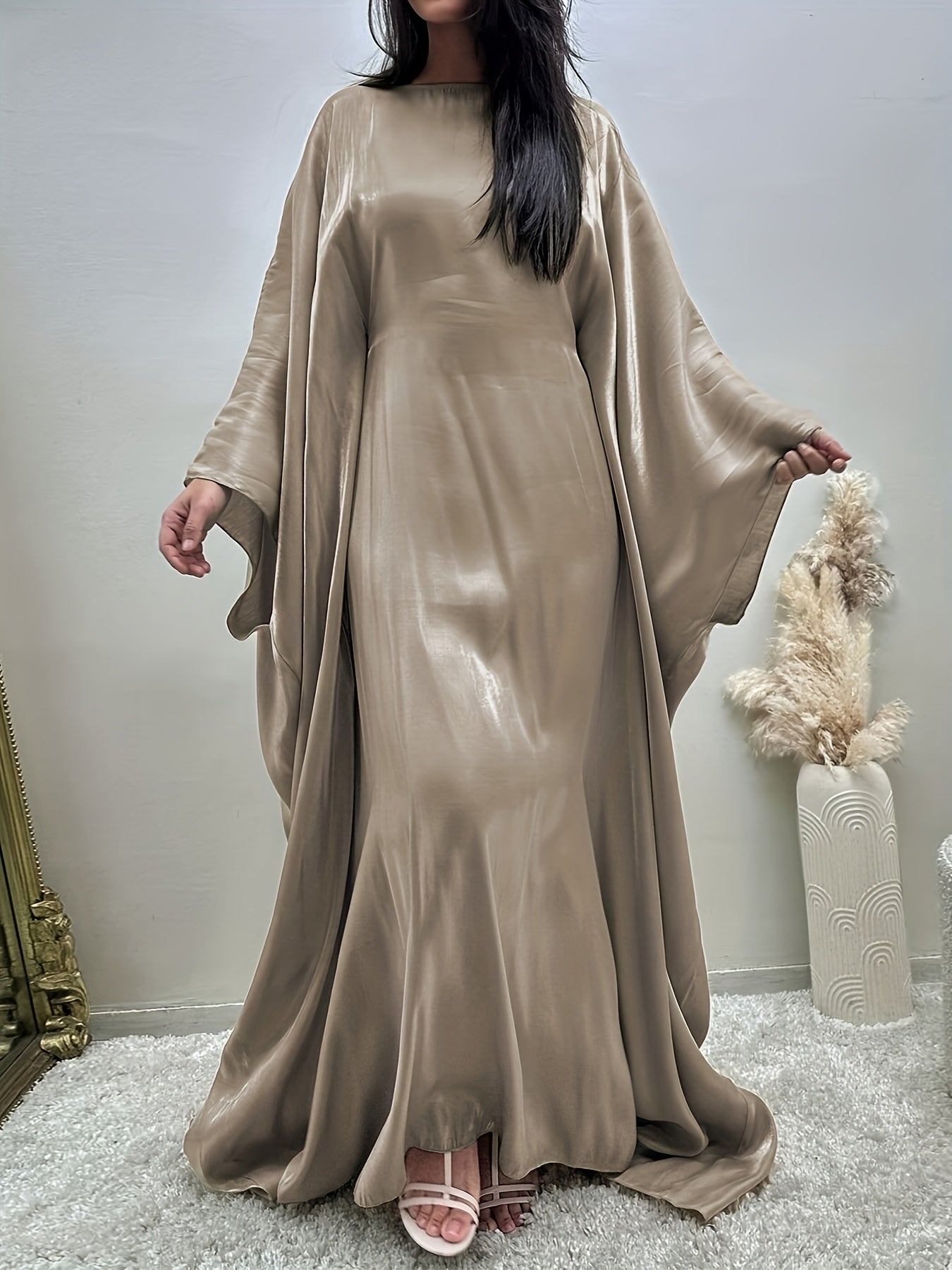 Women's Modest Arabic Abaya Robe Dress - Long Sleeve Asymmetrical Hem Shiny Fabric Cover-Up, Machine Washable All-Season Versatile for Parties Daily Outings, Solid Color Traditional Attire