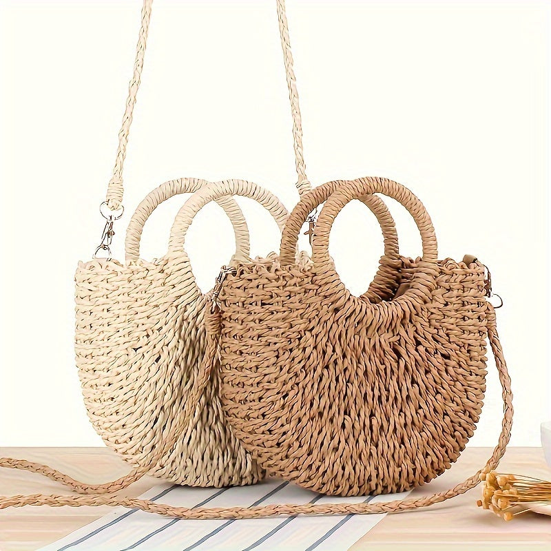 Hand woven Leather Shoulder Bag Women's Summer Beach Tote with Polyester Lining, Drawstring Closure, and Detachable Messenger Strap