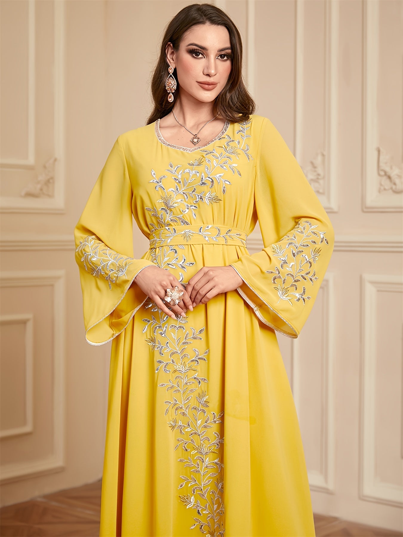 Elegant Embroidered Abaya Dress - Loose Fit, Machine Washable Polyester Modest Kebaya for Women with Belt