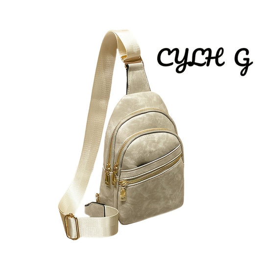 Men's Casual Crossbody Bag - High-Quality Leather, Beige with Golden Zipper Details, Casual Accessory | Adjustable Strap Bag | Durable Zipper Closure