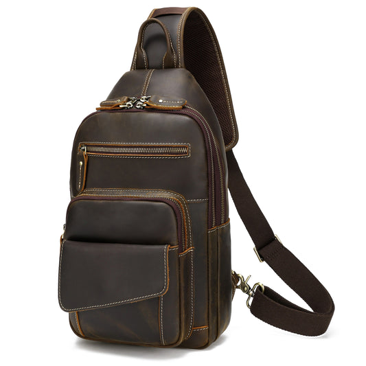 Men Vintage Full Grain Leather Sling Bag, Multi-pocket Chest Bag Hiking Travel  Crossbody Shoulder Daypack fits 12.9" Pad-Brown