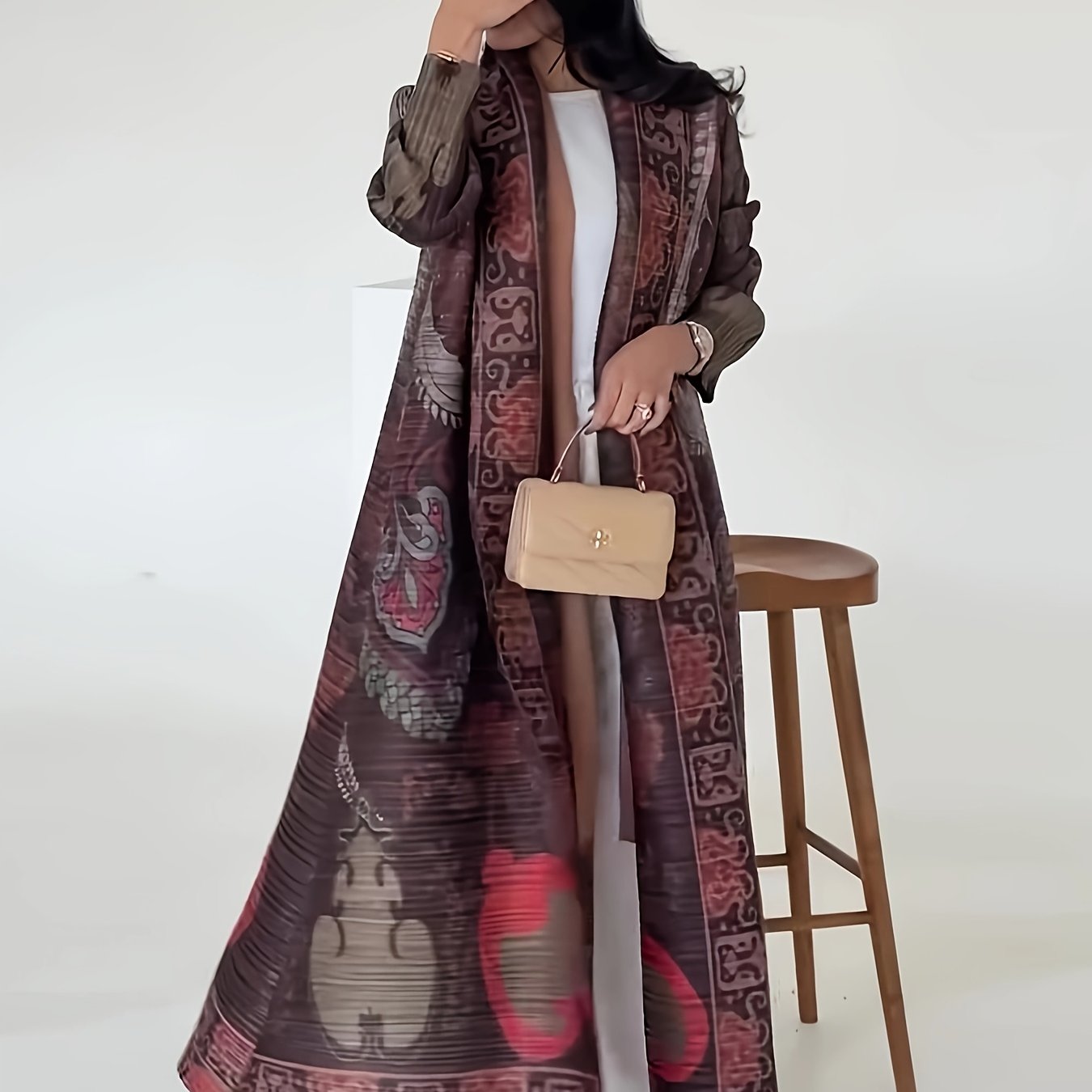 Elegant Oversized Kaftan Dress with Intricate Print - Loose Long Sleeve, Open Front Abaya, High Stretch Fabric, Perfect for Spring & Fall, Commuting Fashion, Elegant Attire | Elegant Sleeve Dress