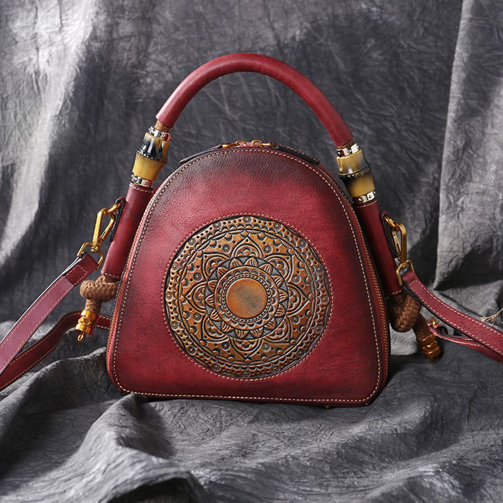 Genuine Leather Women's Crossbody Bag - Retro Chinese-Style Embossed Design, Adjustable Shoulder Strap, Zipper Closure, Top-Grain Cowhide Shell