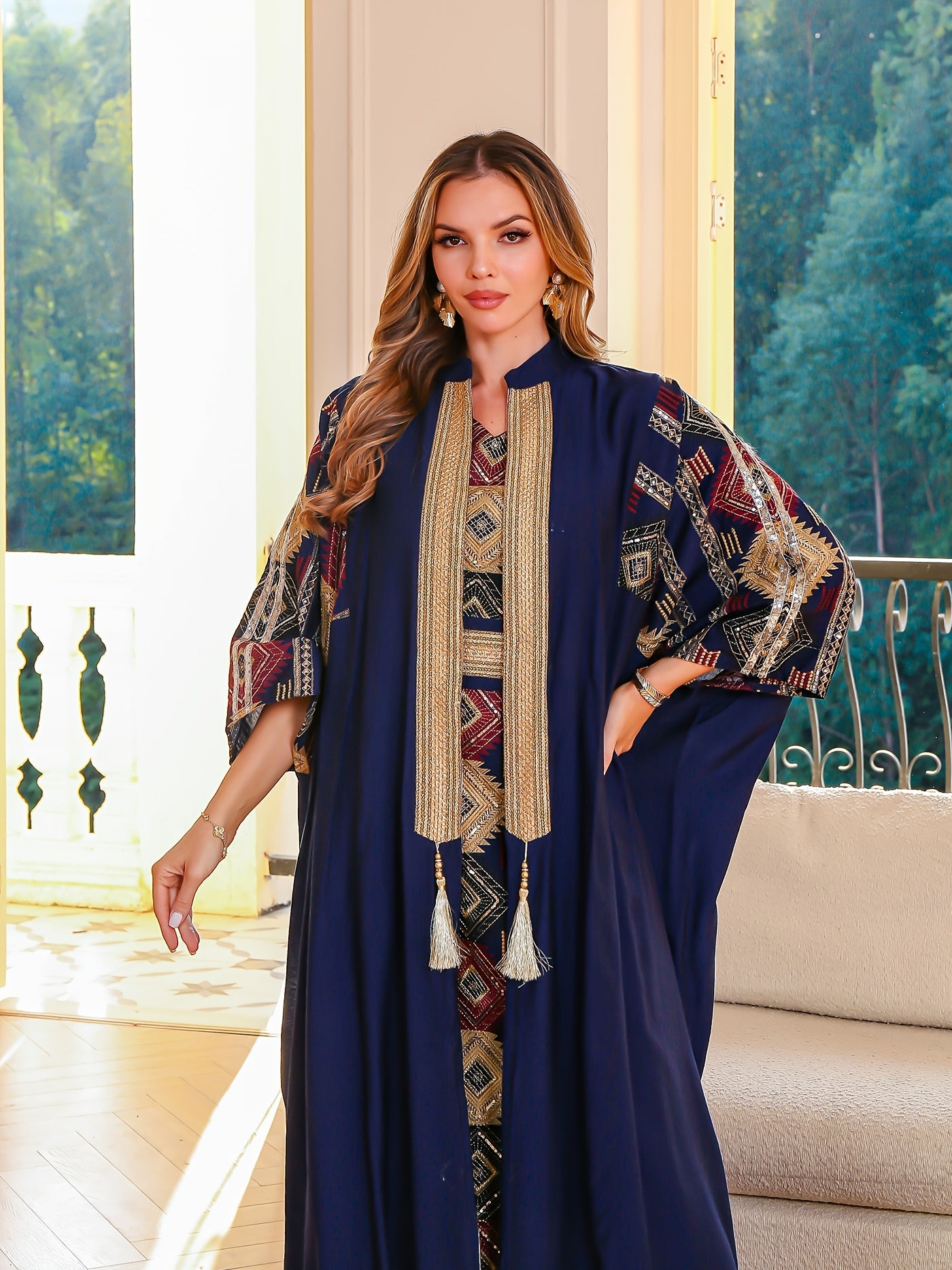 Elegant Middle Eastern Muslim Two-Piece Set - Stylish and Comfortable Design, Perfect for Daily Wear, INS Middle Eastern Pakistani Abaya Muslim Embroidered Long Robe Abaya Light Luxury