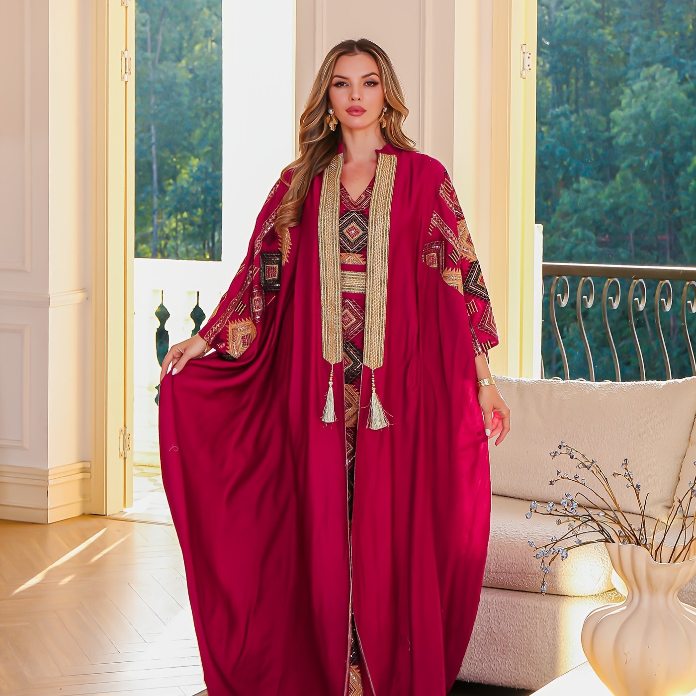 Elegant Middle Eastern Muslim Two-Piece Set - Stylish and Comfortable Design, Perfect for Daily Wear, INS Middle Eastern Pakistani Abaya Muslim Embroidered Long Robe Abaya Light Luxury