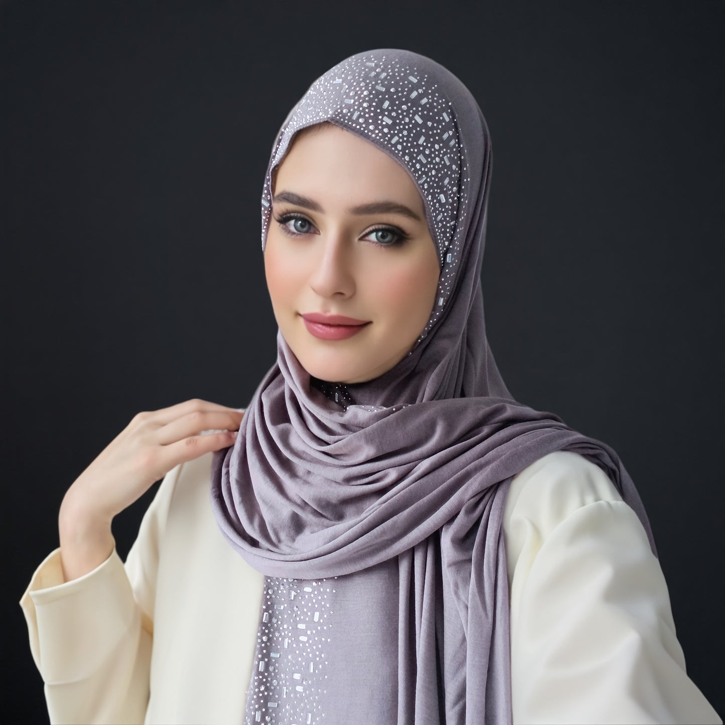 Elegant Black Stretch Bamboo Jersey Hijab Scarf Shawl for Women | Elastic Soft Large Headscarf with Sparkling Rhinestone Trim, Hand Washable Muslim Woven Head Cover & Hair Accessory, Modest Fashion