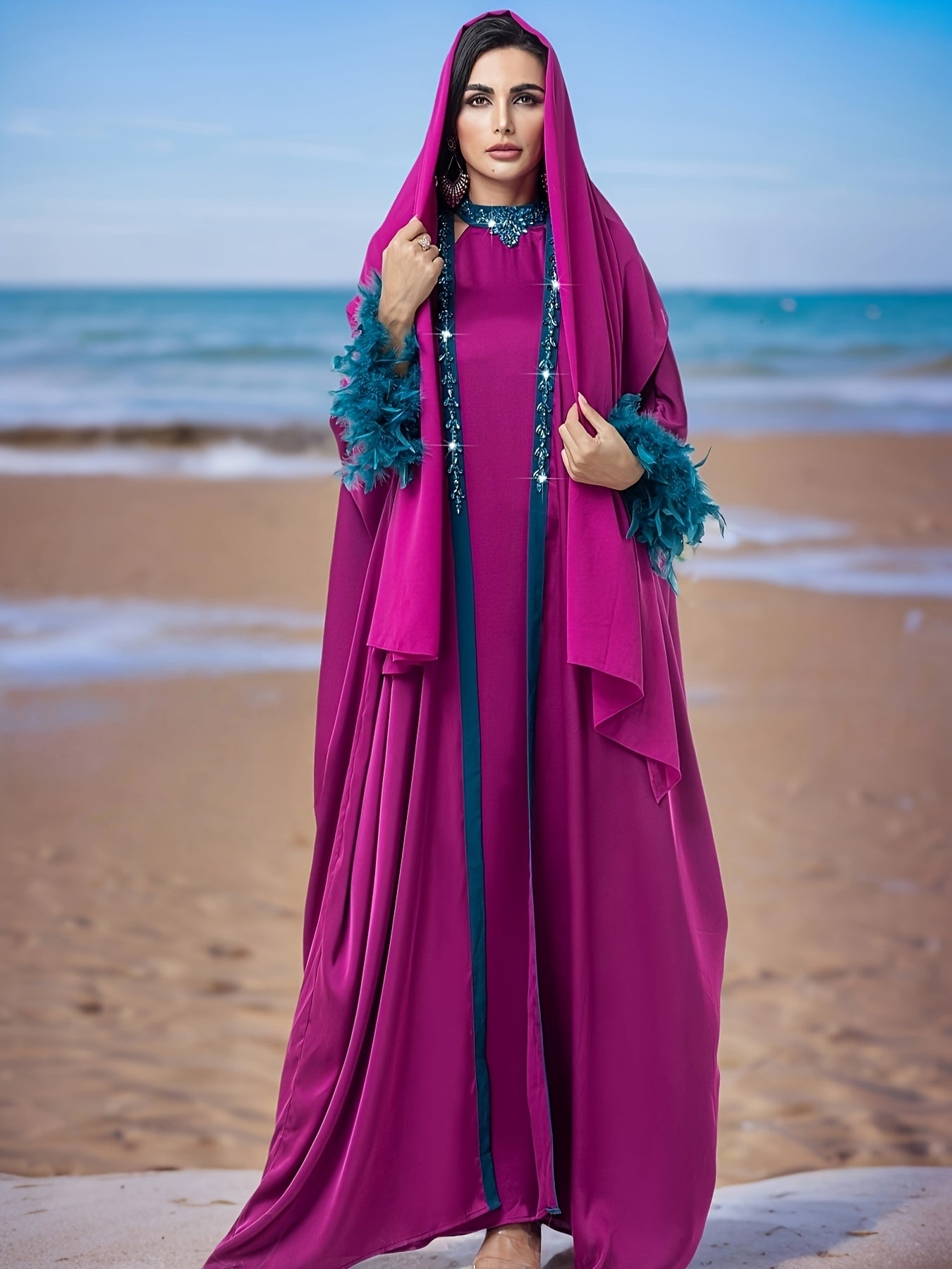 Elegant Purple Three-Piece Robe Set with Blue Sleeves and Sequined Collar, Featuring Modern Abaya Gown With Headscarf for an Air of Sophistication
