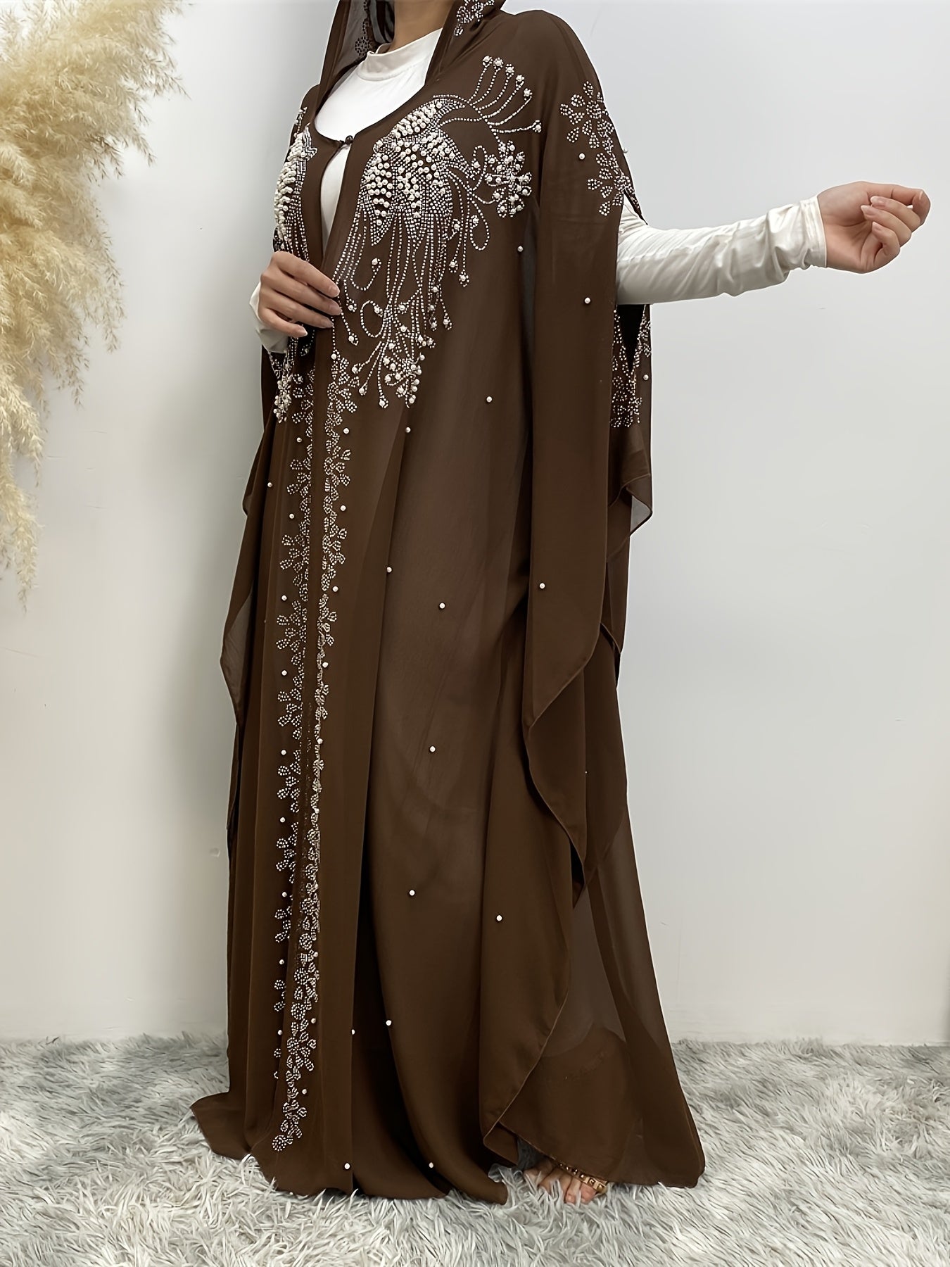 Luxury Chiffon Rhinestone-Embellished Hooded Muslim Kimono Abaya with Batwing Sleeves - Long Formal Party Gown, Machine Washable Elegant Modest Evening Dress for Spring/Summer