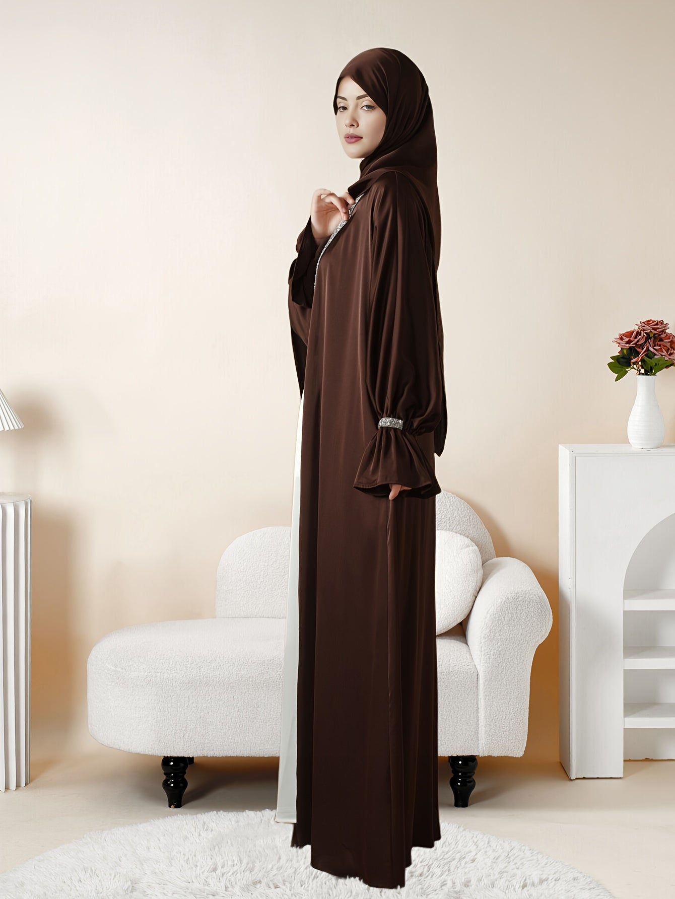 4pcs Set: Poet Sleeve Satin Abaya Eid al-Adha Abaya Muslim Women's Ramadan, Eid al-Fitr, Eid al-Adha, Mawlid, Prayer dress gown robe outfit long robe outfit comfortable soft breathable