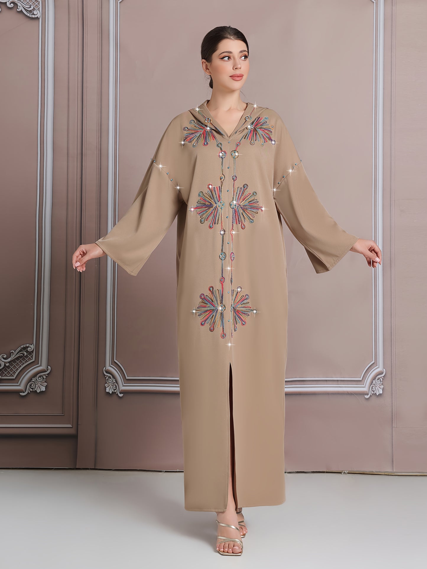 Elegant Long-Sleeve Kaftan with Colorful Embroidery - Polyester, Drop Shoulder, Slit Hem, No Belt, All-Season Wear, Abaya for Women, Festive Attire|Elegant Embroidery|Polyester Kaftan