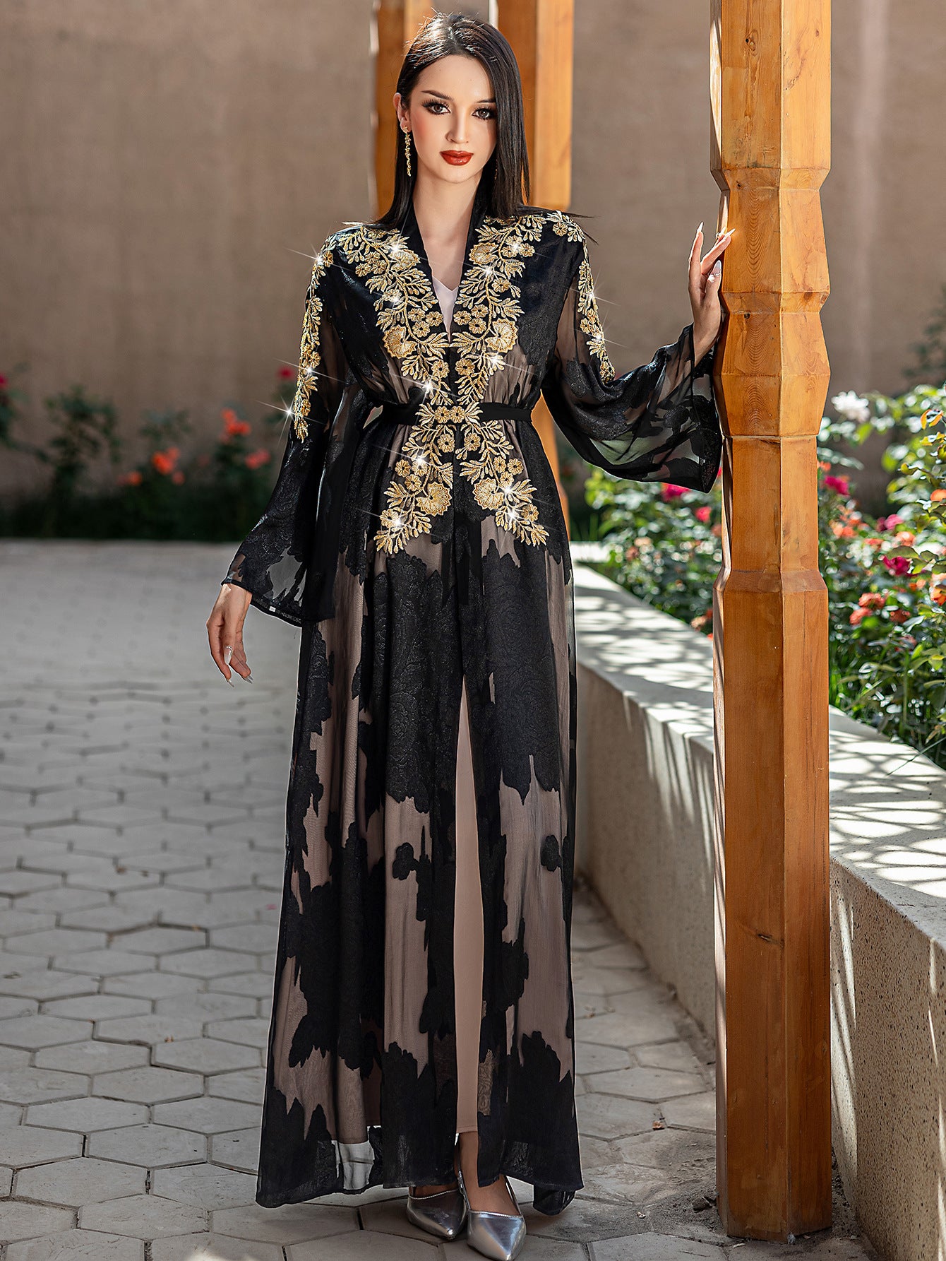 Two-Piece Black and Golden Embroidered Abaya with Belt - Elegant Long Sleeve, Flowing Ethnic Style, Non-Stretch Fabric, Perfect for Spring/Summer, Cultural Attire|Elegant Abaya|Satin Finish