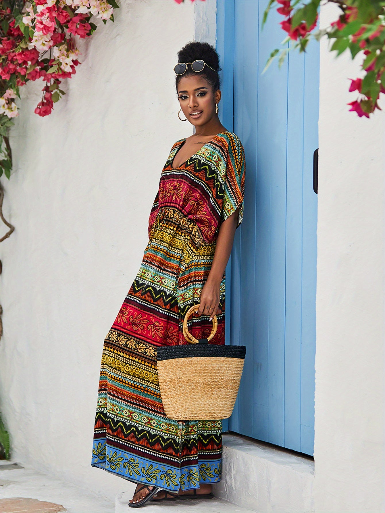 Boho Chic Arabic Dress - Monochrome Stripe Swimsuit Cover Up, Long Split Side Kaftan with V-Neck for Beach Wedding & Vacation