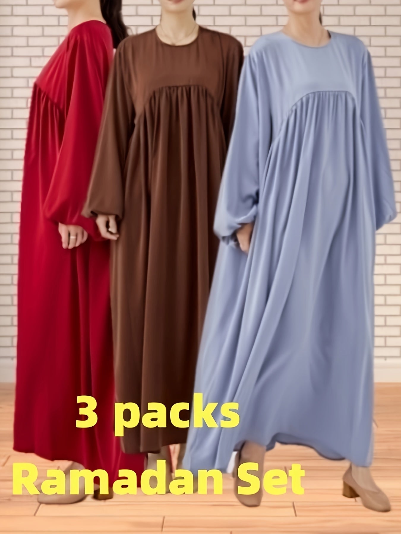Ramadan Three-Pack Muslim Abaya Dress with Packaging, Soft and Comfortable, Flowing Wide Skirt, Extra Large Sleeves and Cuffs, Elastic