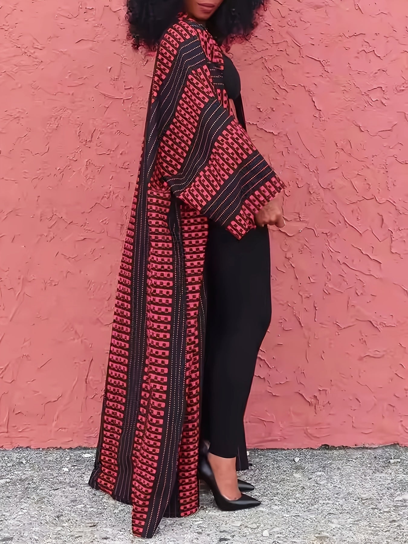 Chic Plus Size Open Front Kimono Abaya Cardigan - Casual & Versatile, Machine Washable, Polyester Blend with Elastane, Elegant Print Design