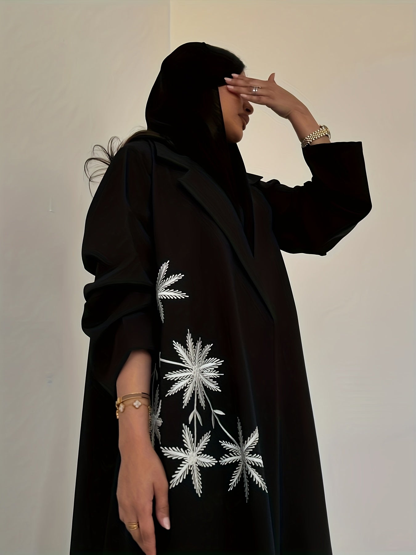 Elegant Black Modest Embroidered Abaya with Floral Pattern - Long Sleeve, Open Front, Loose Fit for Women - Perfect for Spring/Summer/Fall - Dubai Style, Modest Apparel | Elegant Abaya