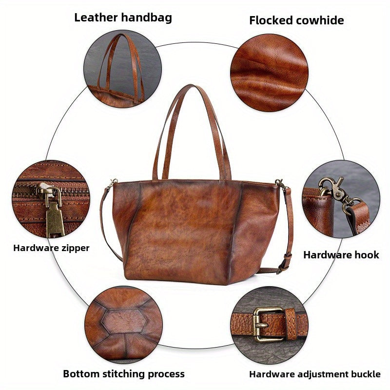 Tanned Cowhide Large Capacity Tote Bag, Genuine Leather One-Shoulder Cross-Span Bag Women's Large Bag Shopping Bag