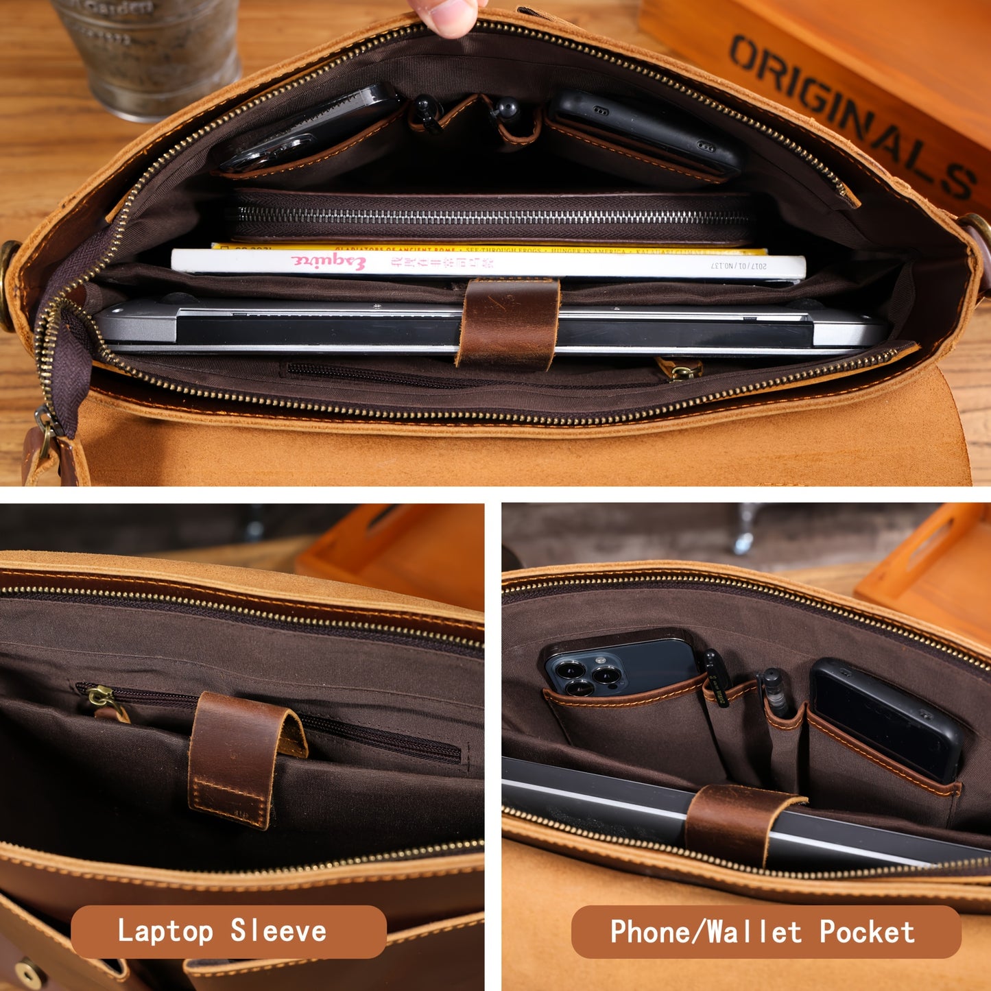 Vintage Brown Cowhide Men's Vintage Genuine Leather Messenger Bag - Adjustable Strap, Multiple Compartments, Zipper Closure, Distressed Finish, Functional Design