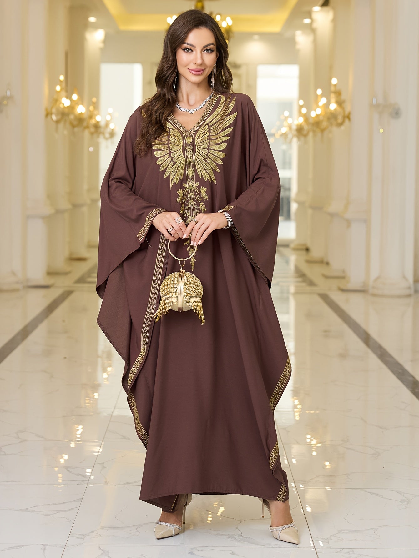 Women's Elegant Middle Eastern Kaftan Abaya - Formal & Everyday Islamic Gown with Long Batwing Sleeves, V-Neck, Non-Stretch Fabric for Ramadan, Weddings, Cultural Events