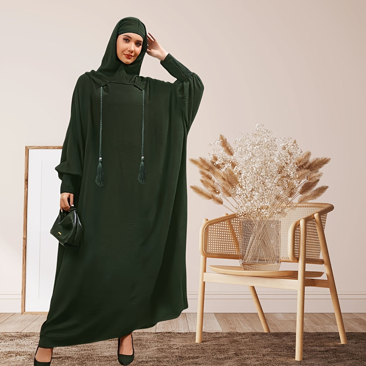 Elegant Solid Brown Crinkle Polyester Jibab Abaya with Hood - Breathable Loose Fit Women's Casual Hijab Dress for Outdoor Wear, Comfortable Wear | Flowing Garment | Smooth Texture