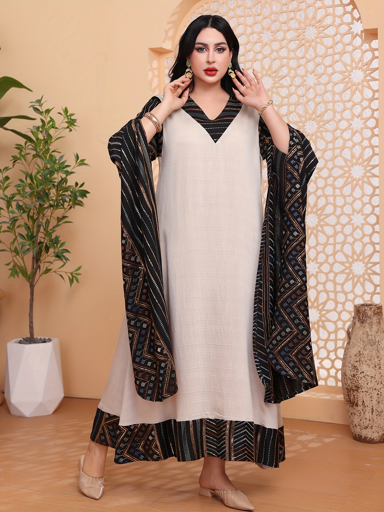 Directional Heavy-Duty Golden-Colored Beaded Embroidery Arabic Women's Elegant Kaftan Abaya with V-Neck, Majestic and Fashionable Traditional 2025 Spring/Summer