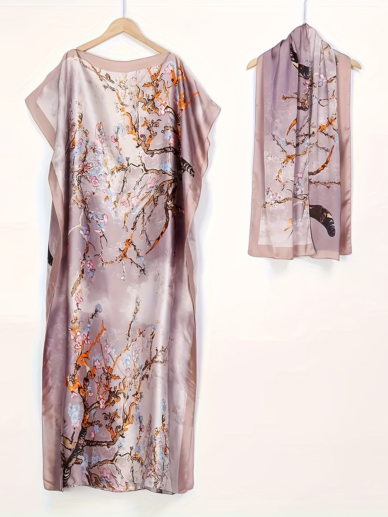 Elegant Floral Print Abaya Set with Batwing Sleeves and Draped Asymmetrical Hem
