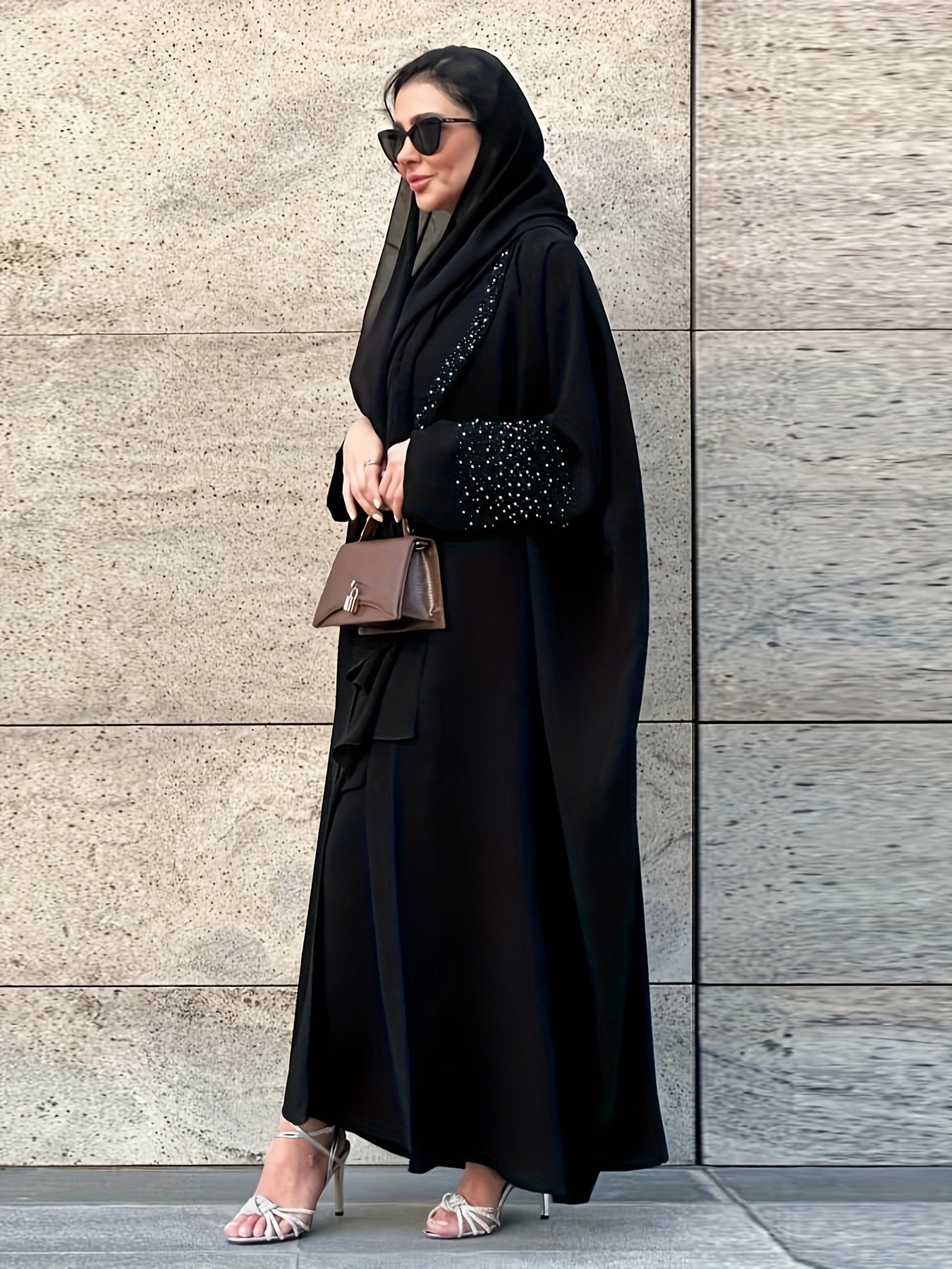 Elegant Black Rhinestone-Embellished Emirati Abaya Kaftan - A-Line Modest Cover-Up with Stand-Up Collar, All-Season Versatile Traditional Muslim Dress for Women, Muslim Clothes, Seasonal Wear