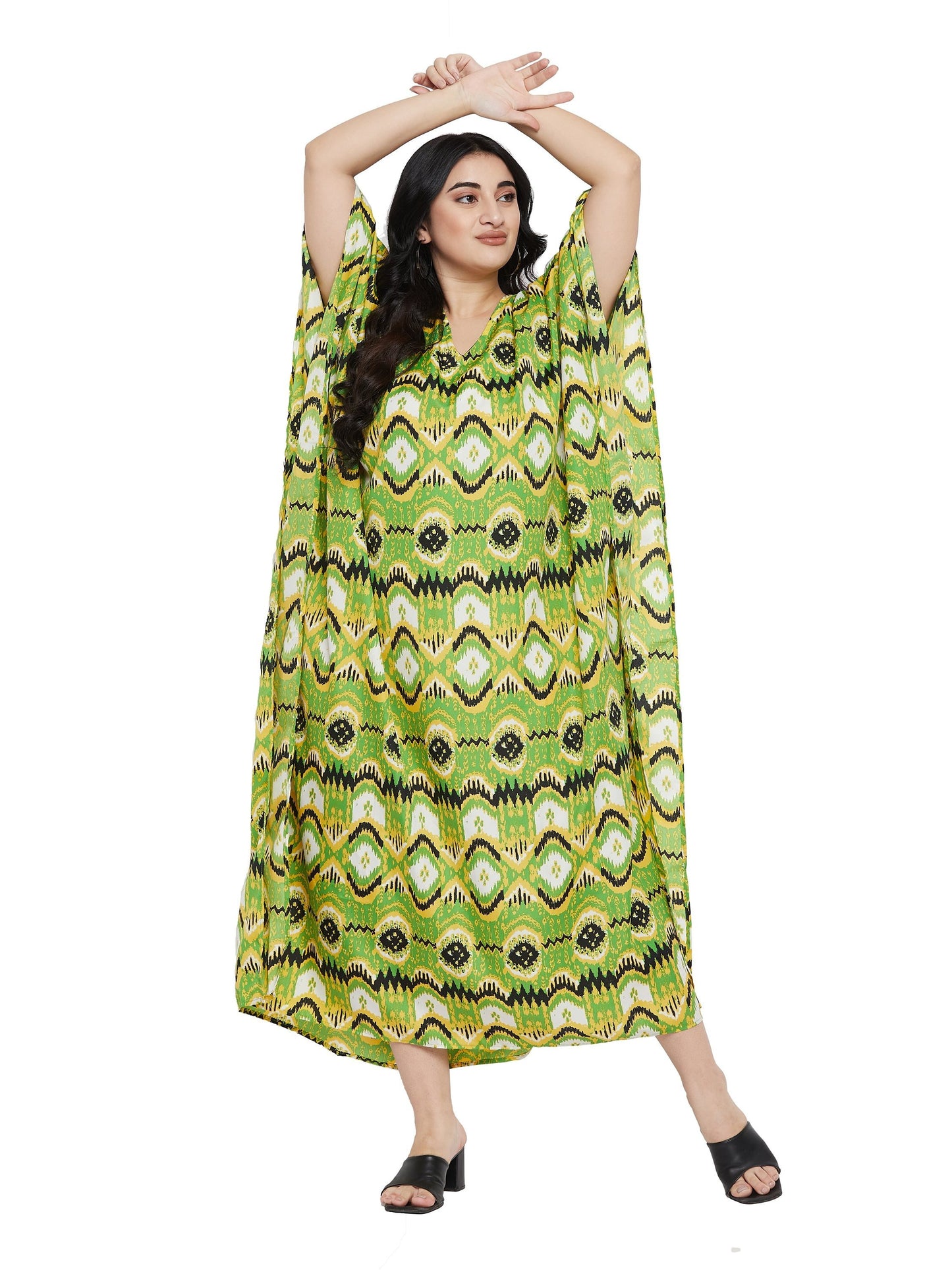 Plus Size Green Geometric Kaftan Dress for Women Polyester kaftan dresses