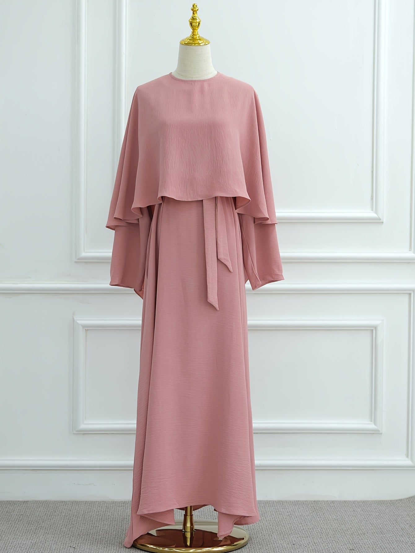 Middle East Special Turkish Kaftan Solid Color Fashion Women's Waist-Tied Elegant Robe Cape Two-Piece Set Summer Ramadan Muslim Islamic Long Sleeve Arabic Abaya