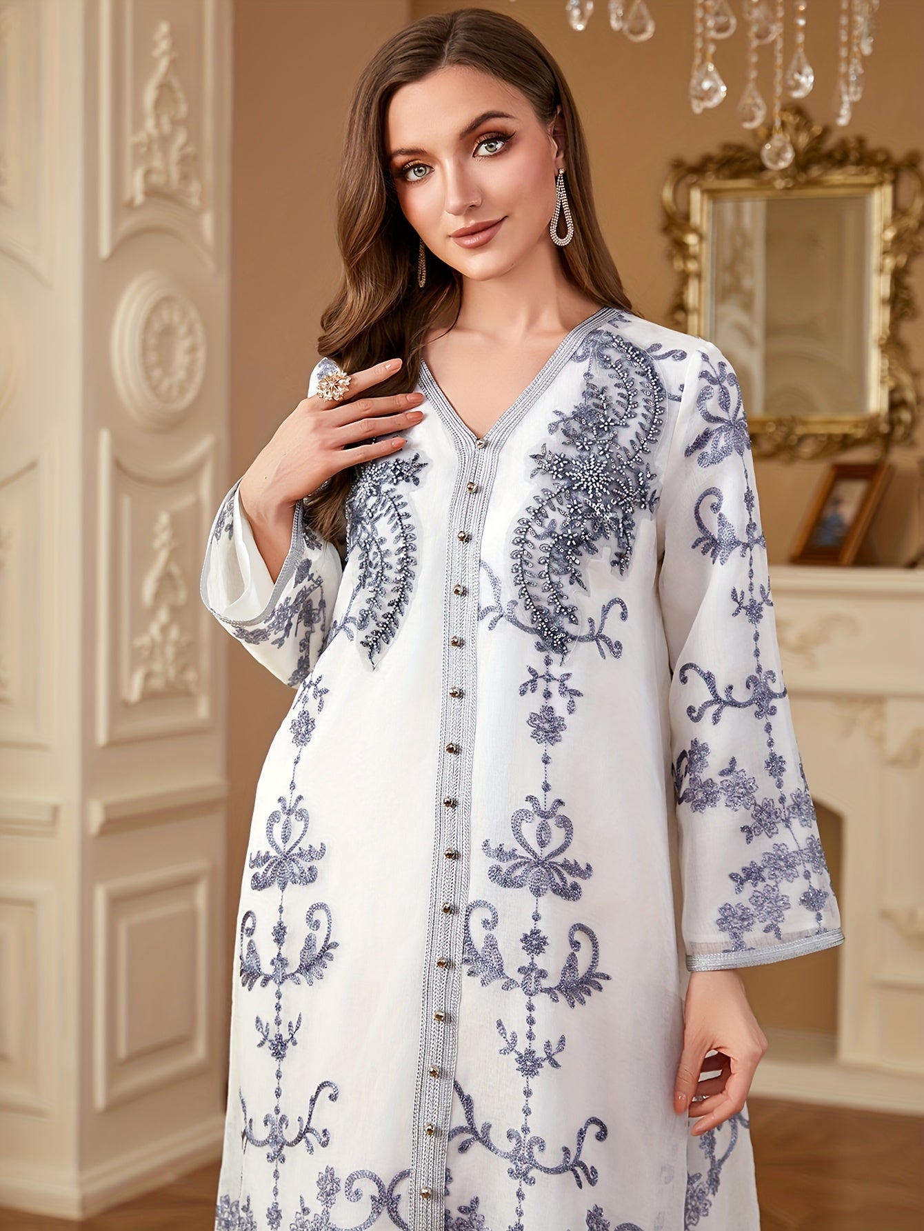 Elegant White V-Neck Long Sleeve A-Line Modern Abaya with Floral Embroidery & Sequin Details - Machine Washable All-Season Formal & Casual Wear, Long Sleeve Dresses, Special Occasion
