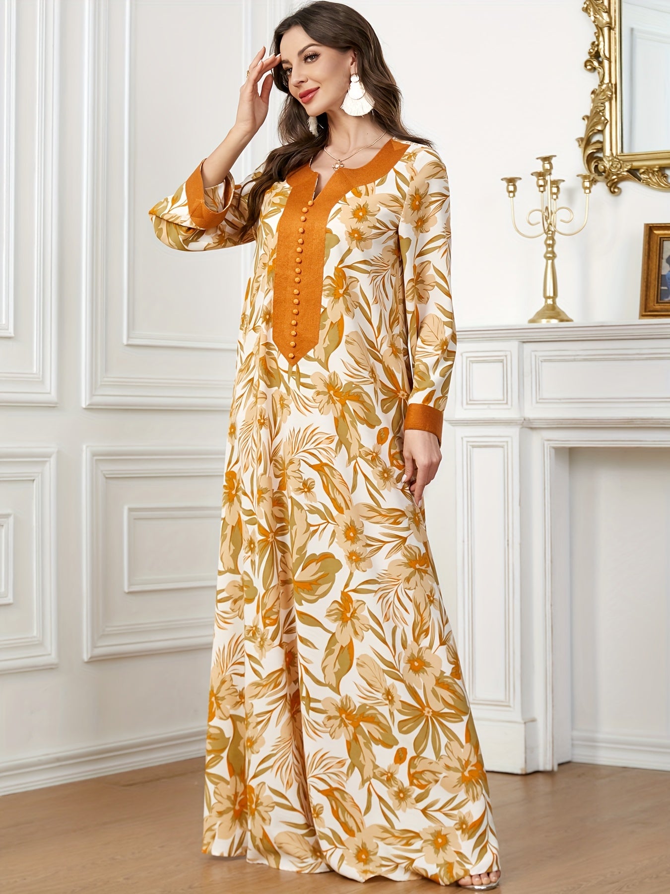 Print Long Sleeve Kaftan Modern Abaya with Embroidered Buttons - Maxi Length, Orange & Cream Floral Design, Polyester Fabric, Machine Washable, All-Season Wear, Floral Print Dress