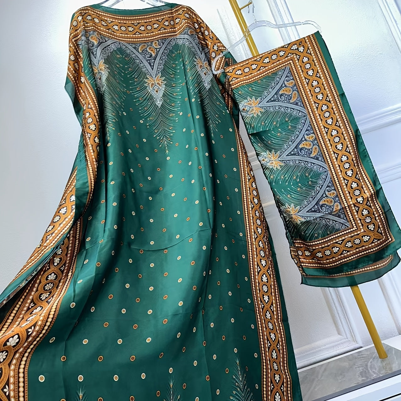 Print Abaya | Women's Clothing | Elegant Short Batwing Sleeve Kaftan | Loose Dress With Scarf | For Spring & Summer